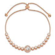 Sterling Silver Rose-tone Bezel Set CZ & CZ Halo Adjustable Bracelet