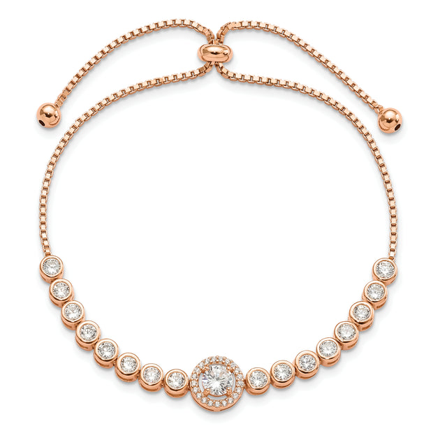 Sterling Silver Rose-tone Bezel Set CZ & CZ Halo Adjustable Bracelet