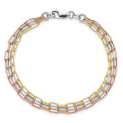 Sterling Silver RH-plate Rose & Yellow-tone Paperclip Link 3-strand Brace