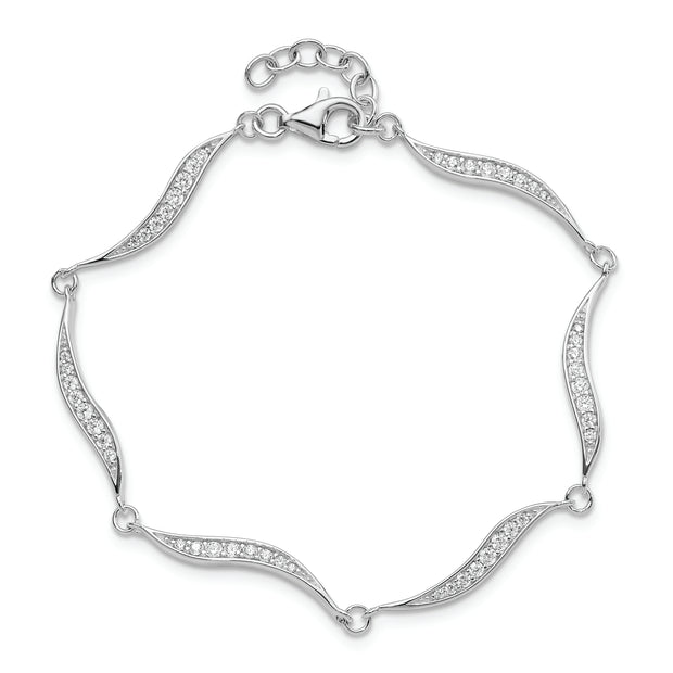 Sterling Silver Polished Wavy CZ w/.75 in ext. Bracelet