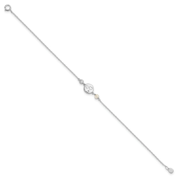 Sterling Silver Rhodium-plated CZ FW Cultured Pearl w/ Hearts Bracelet