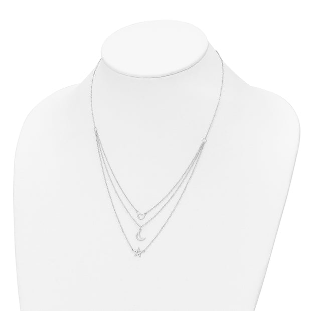 Sterling Silver Rhodium-plated Heart, Moon, Star w/2 in ext. Necklace