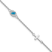 Sterling Silver RH CZ Enamel Cross w/Eye 6.5in w/1in ext Bracelet