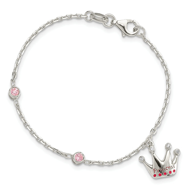 Sterling Silver Pink CZ & Enameled Princess Crown Children's Bracelet
