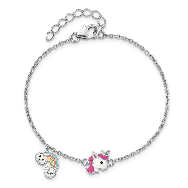SS RH-plated Enameled Unicorn & Rainbow w/ 1in Ext. Children's Bracelet