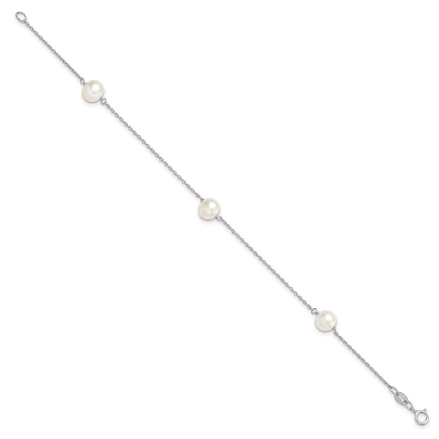 Sterling Silver Rh-plated 3-stat 7-8mm White Semi-round FWC Pearl Bracelet