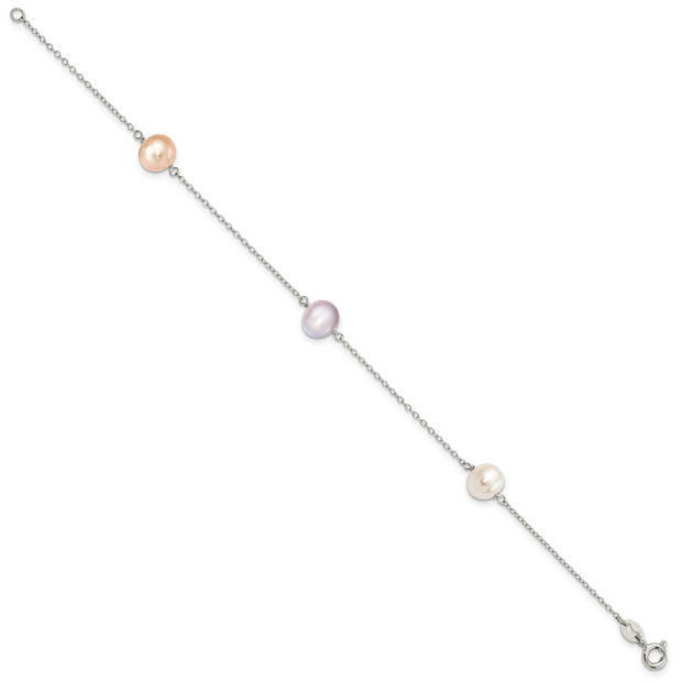 Sterling Silver Rh-p 3-stat 7-8m Wht/Pink/Pur Semi-round FWC Pearl Bracelet
