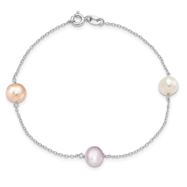 Sterling Silver Rh-p 3-stat 7-8m Wht/Pink/Pur Semi-round FWC Pearl Bracelet