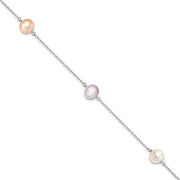 Sterling Silver Rh-p 3-stat 7-8m Wht/Pink/Pur Semi-round FWC Pearl Bracelet
