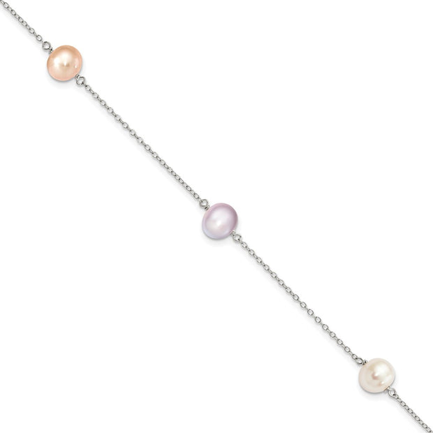 Sterling Silver Rh-p 3-stat 7-8m Wht/Pink/Pur Semi-round FWC Pearl Bracelet