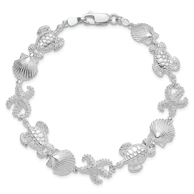 Sterling Silver Rhodium-plated Polished Turtle,Shell,Starfish Bracelet