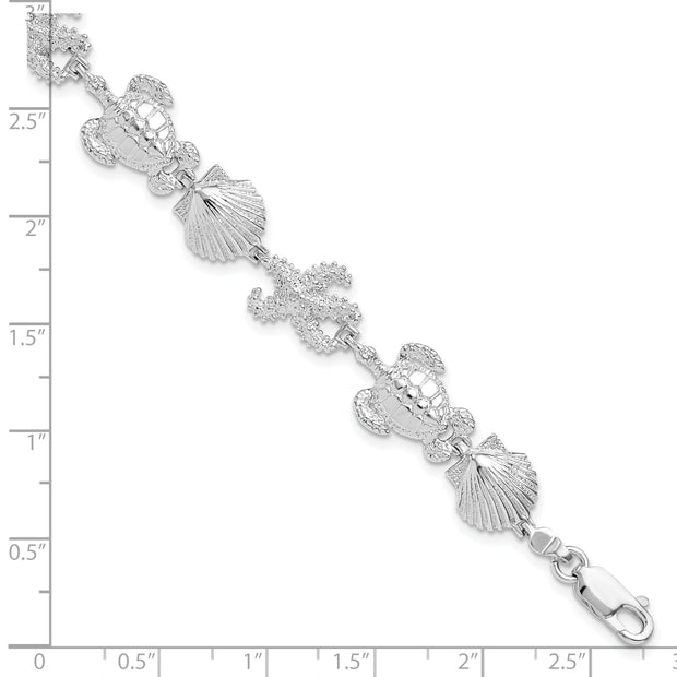 Sterling Silver Rhodium-plated Polished Turtle,Shell,Starfish Bracelet
