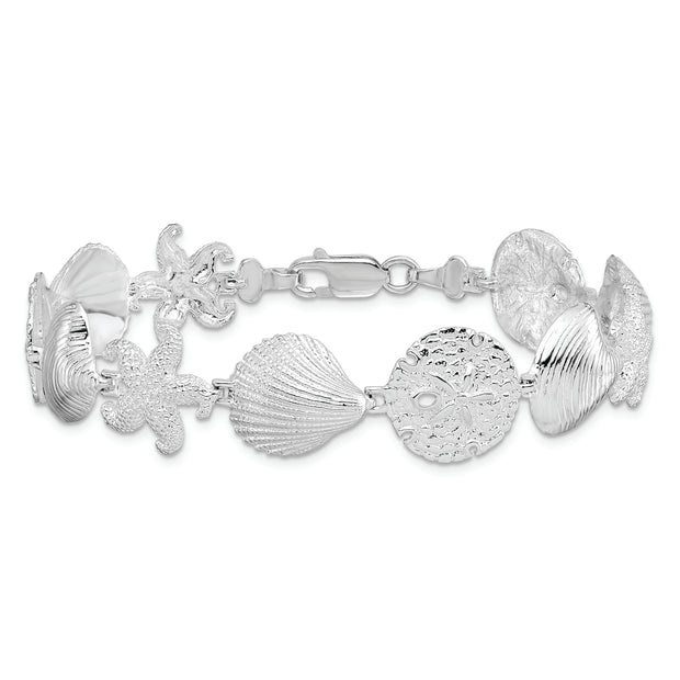 Sterling Silver Rhodium-plated Polished Turtle,Shell,Starfish,Clam Bracelet