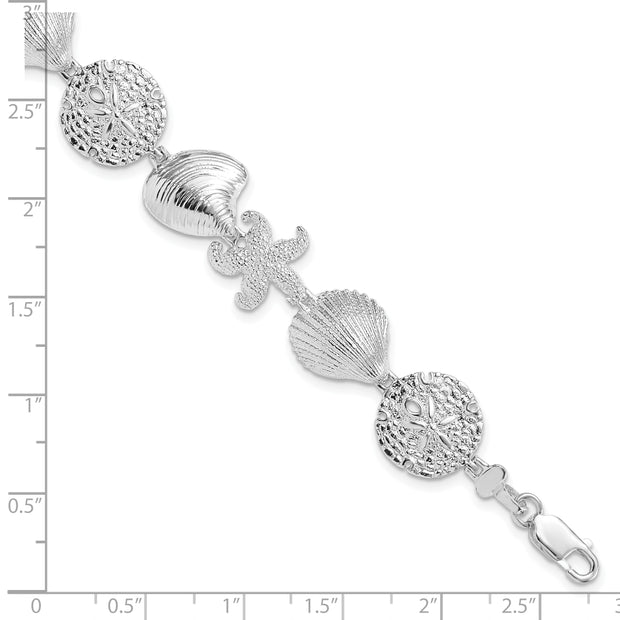 Sterling Silver Rhodium-plated Polished Turtle,Shell,Starfish,Clam Bracelet