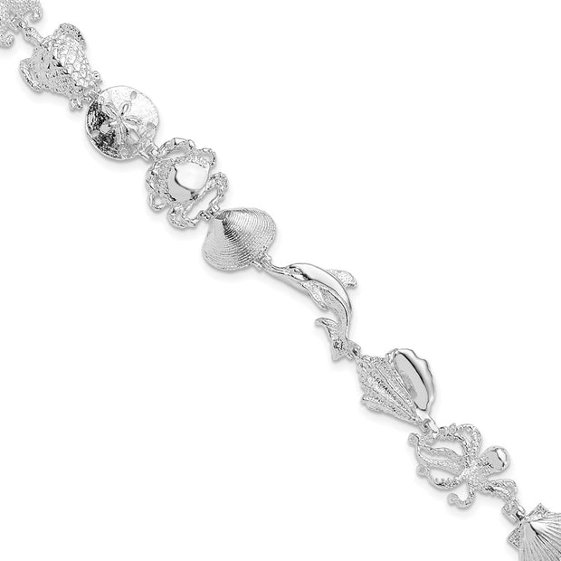 Sterling Silver Rhodium-plated Polished Multi-Shell and Sealife Bracelet