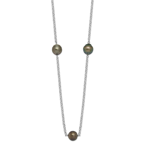 Sterling Silver Rhodium 8-9mm Baroque 5stat Tahit Saltwater Pearl Necklace