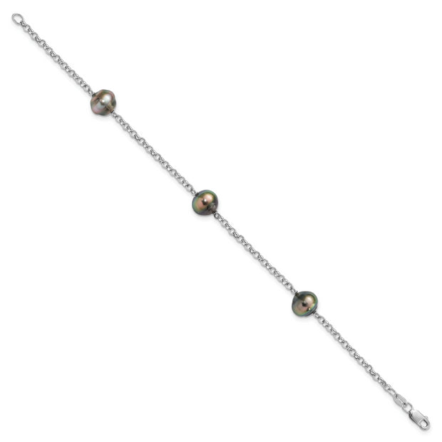 Sterling Silver Rhodium 8-9mm Baroque 3stat Tahit Saltwater Pearl Bracelet