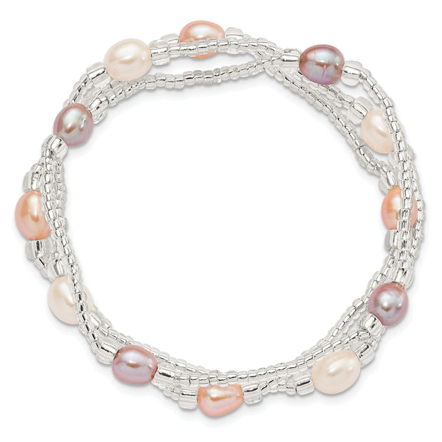 6-8mm Wht/Pi/Pu Rice FWC Pearl and Glass Bead Stretch 3-Bracelet Set