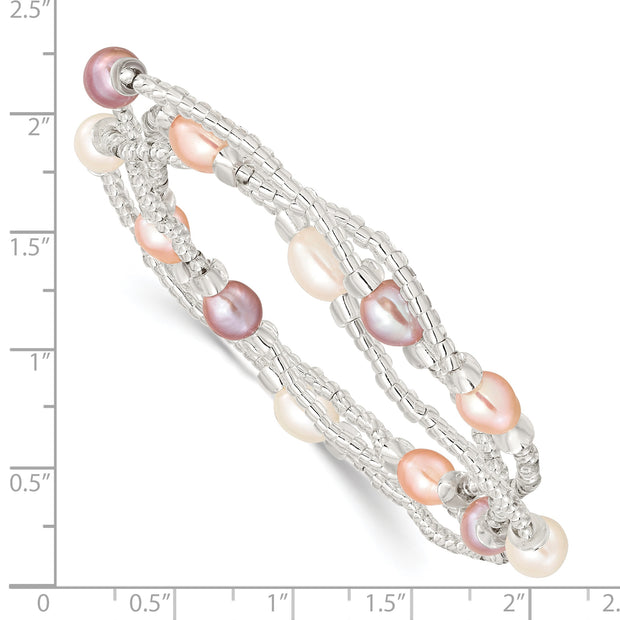 6-8mm Wht/Pi/Pu Rice FWC Pearl and Glass Bead Stretch 3-Bracelet Set