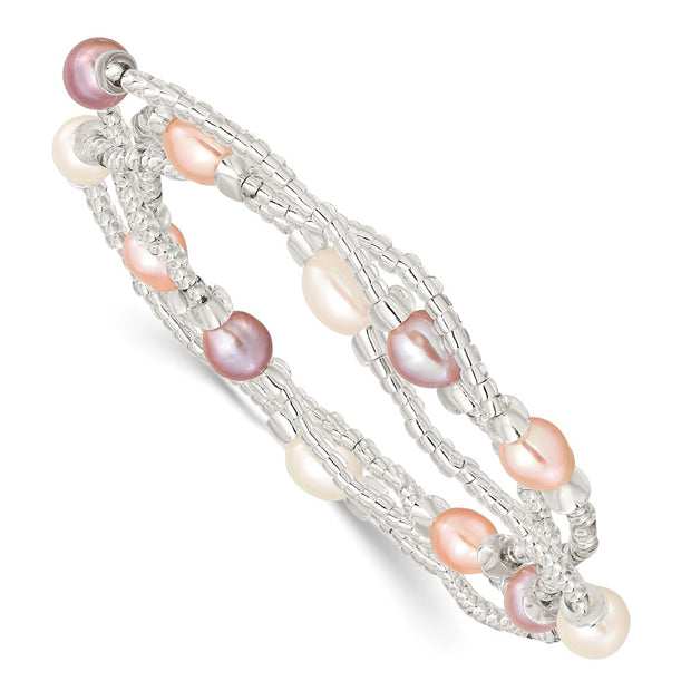 6-8mm Wht/Pi/Pu Rice FWC Pearl and Glass Bead Stretch 3-Bracelet Set