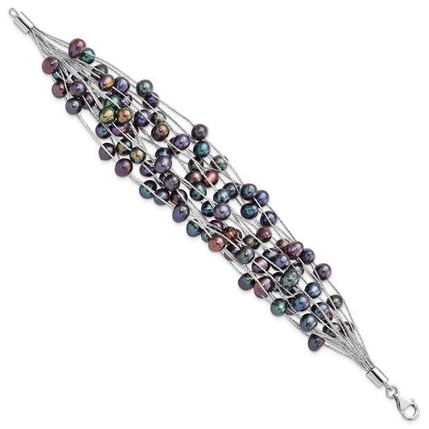 Sterling Silver Rh-pl 6-7mm Black Off-round FWC Pearl Multi-strand Bracelet