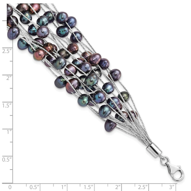 Sterling Silver Rh-pl 6-7mm Black Off-round FWC Pearl Multi-strand Bracelet