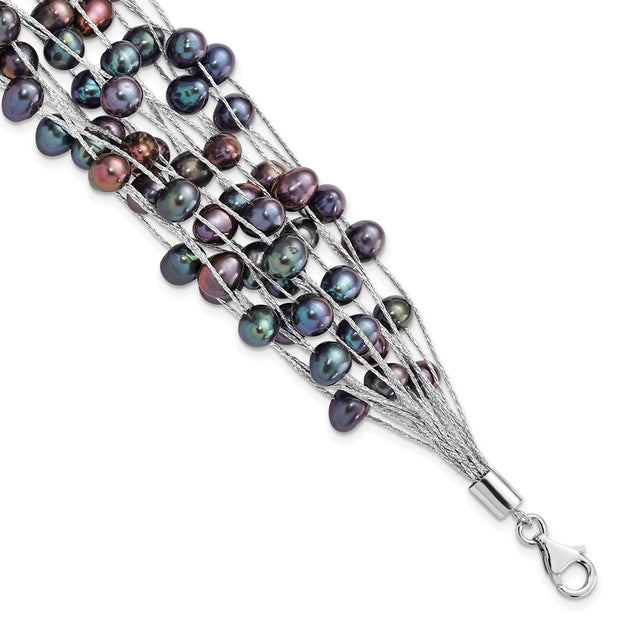 Sterling Silver Rh-pl 6-7mm Black Off-round FWC Pearl Multi-strand Bracelet