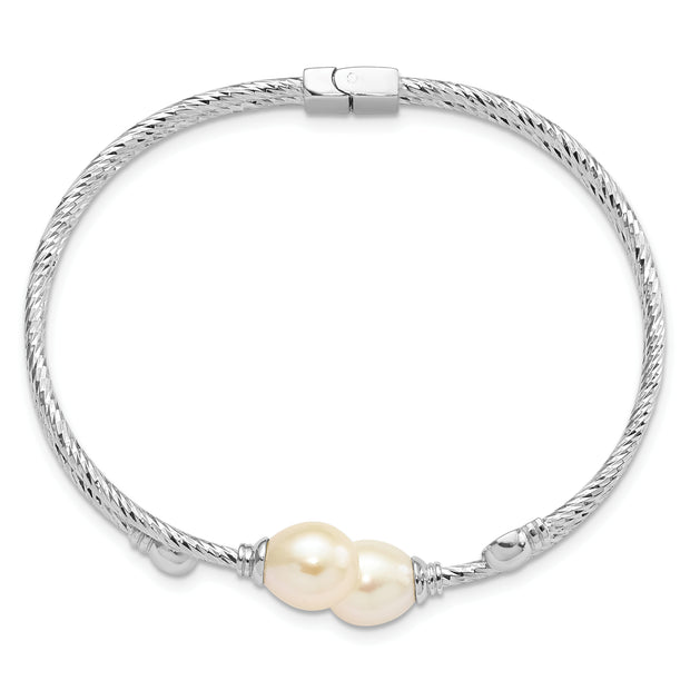 Sterling Silver Rhod-pl 8x10mm White Teardrop FWC Pearl Hinged Bangle