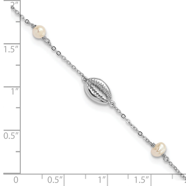 Sterling Silver Rhodium-plated Cowrie Shell & Semi-round FWC Pearl Bracelet