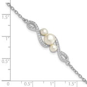 Sterling Silver Rh-pl CZ 4-7mm White Button FWC Pearl w/ 2in ext. Bracelet