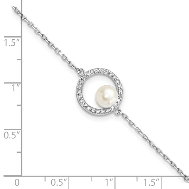 Sterling Silver Rh-pl CZ 6-7mm White Button FWC Pearl w/ 1.25in ext Bracele