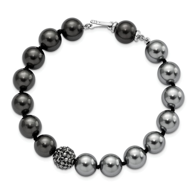 S Silver Majestik Rh-pl 10-11mm DkGrey/Black Imit. Shell Pearl Crystal Brac