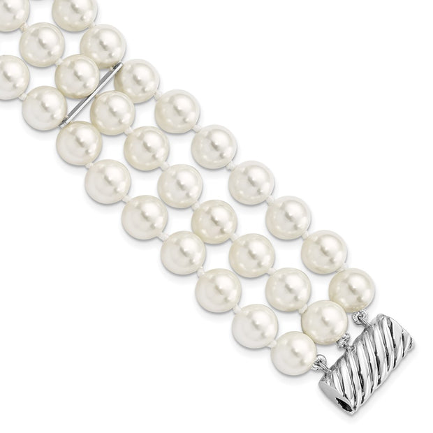 Sterling Silver Majestik Rh-pl 8-9mm Wht Imit. Shell Pearl Multi-strand Bra