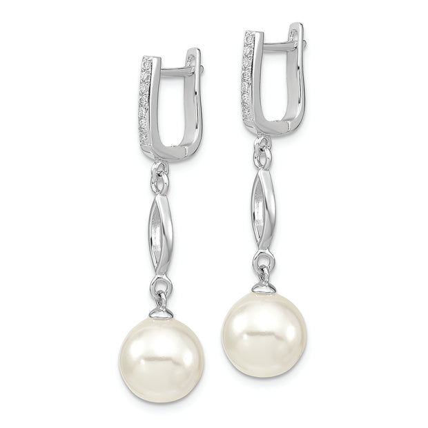 Sterling Silver Majestik Rh-pl 10-11mm Wht Imit. Shell Pearl CZ Hoop Earrin