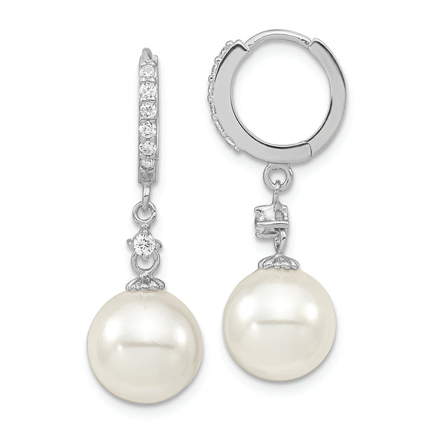 Sterling Silver Majestik Rh-pl 10-11mm Wht Imit. Shell Pearl CZ Hoop Earrin