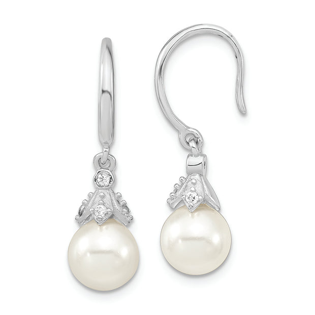 Sterling Silver Majestik Rh-pl 8-9mm Wht Imit. Shell Pearl CZ Drop Earrings