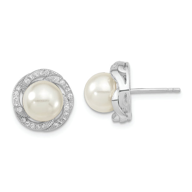 Sterling Silver Majestik Rh-pl 8-9mm White Imit. Shell Pearl CZ Earrings