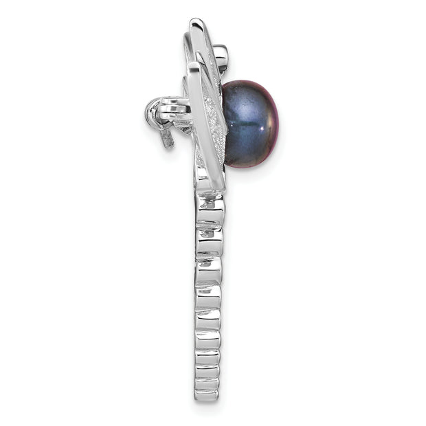 Sterling Silver Rho-pl CZ 8-9mm Black Button FWC Pearl Dragonfly Brooch