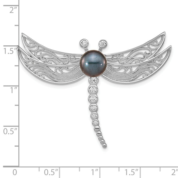Sterling Silver Rho-pl CZ 8-9mm Black Button FWC Pearl Dragonfly Brooch