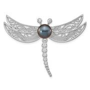 Sterling Silver Rho-pl CZ 8-9mm Black Button FWC Pearl Dragonfly Brooch