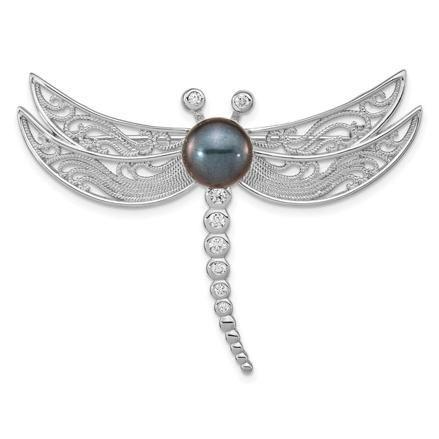 Sterling Silver Rho-pl CZ 8-9mm Black Button FWC Pearl Dragonfly Brooch