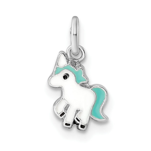 Sterling Silver RH-pltd Blue/White/Black Enamel Unicorn Children's Pendant