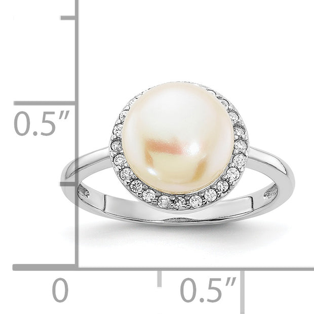 Sterling Silver Rhod-plated CZ 9-10mm Button White FWC Pearl Ring
