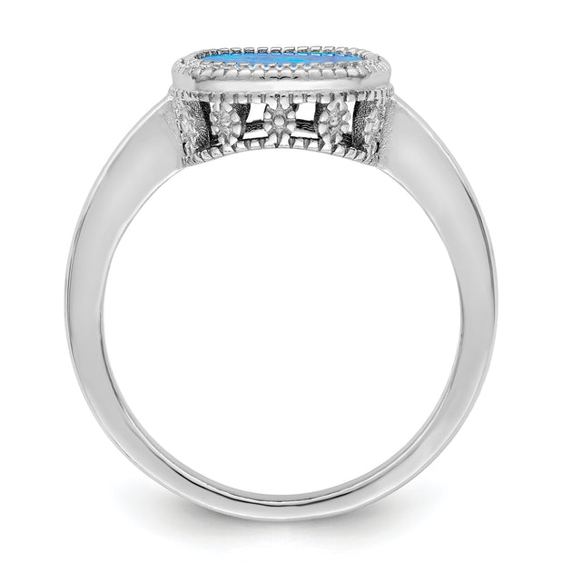 Sterling Silver Rhodium-plated Polished Square Blue Created Opal Ring