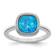 Sterling Silver Rhodium-plated Polished Square Blue Created Opal Ring