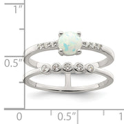 Sterling Silver CZ and Created White Opal Double Band Ring