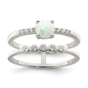 Sterling Silver CZ and Created White Opal Double Band Ring