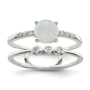 Sterling Silver Polished CZ and Light Blue Quartzite Double Ring