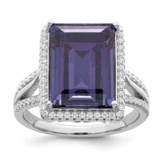 Sterling Silver Rhodium-plated Polished CZ & Blue Crystal Ring