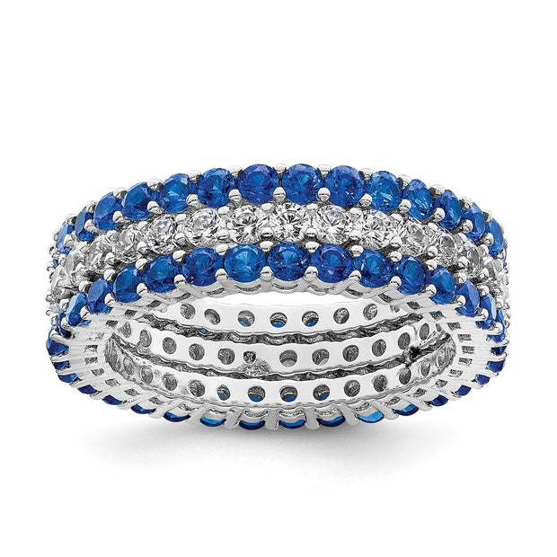 Sterling Silver Rhodium-plated Polished Blue & White CZ 3 Ring Set